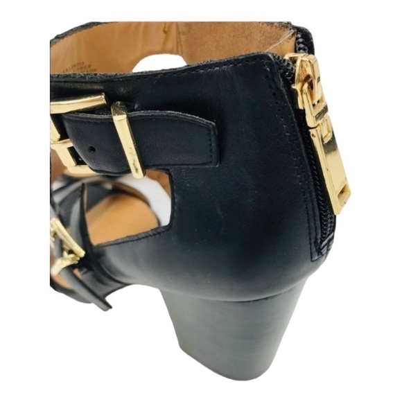 TOMMY HILFIGER Black and Gold Wide T-Strap Buckle Up Leather Shoes size 7.5 - Picture 9 of 13